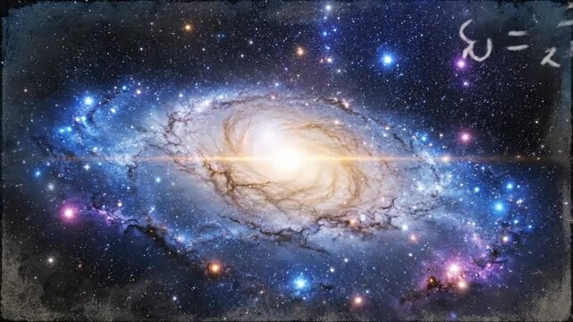 A stunning video of a galaxy with mathematical equations floating in space, showcasing celestial beauty and complex physics Science and technology Background Footage