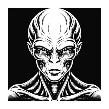 Alien head in black and white color with large eyes sinister expression sci-fi artwork representing extraterrestrial humanoid concept art
