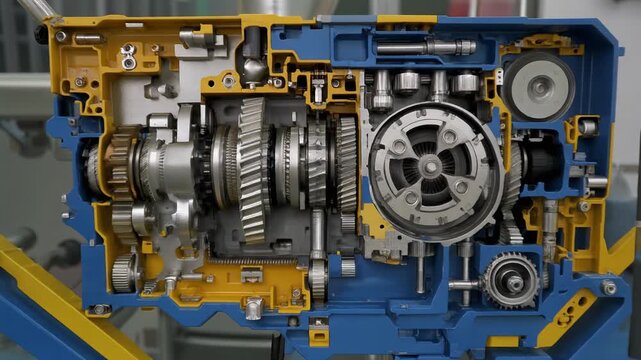Detailed Cutaway View of a Complex Mechanical Gearbox with Blue and Yellow Housing transmission gears