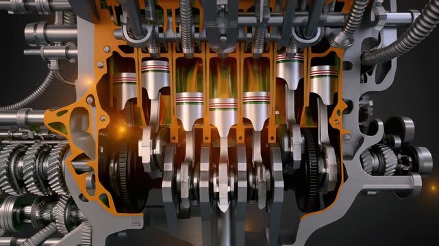 Animated Cutaway of a Six- Cylinder Internal Combustion Engine with Burning Pistons engine cutaway cylinders