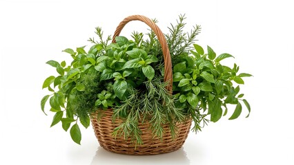 Naklejka premium Fresh herbs in a wicker basket, with basil, rosemary, and other green herbs. Culinary and herbal garden concept. Natural, organic, and fresh herbs.