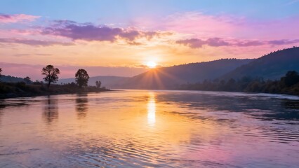 A beautiful summer sunset reflects orange and red light across the calm water of the river and lake landscape under a dramatic evening sky