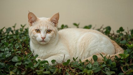 Cream-colored cat lying on green ground with plants and leaves, relaxed and gazing. Domestic animals and pets, wildlife and nature, animals in natural habitat. The theme of outdoor pet relaxation.