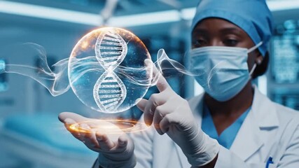 A female doctor in a blue surgical cap and mask interacts with a futuristic digital interface in a medical setting in this video. Science and technology Background Footage - Powered by Adobe