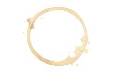 Coffee stain ring marking a messy circular liquid mark, with splattered brown drops and a transparent background