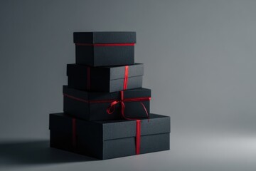 stacked black gift boxes with red ribbons illuminated by studio light on grey surface, minimal luxury composition with copy space, concept of black friday advertising campaign