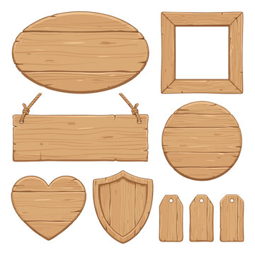 Set of Wooden Signs and Tags in Various Shapes.