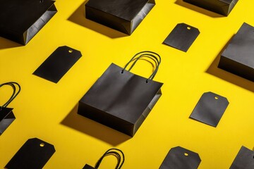 modern retail layout of black paper shopping bags and tags on yellow backdrop arranged in pattern flat lay composition concept of ecommerce advertising