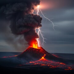 Volcanic eruption with lightning striking the ash cloud
