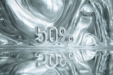 50 percent discount shown as glossy metallic numbers emerging from silver liquid surface with smooth reflections and abstract motion concept of retail marketing advertising