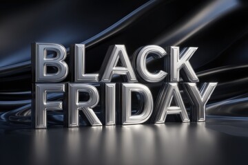 black friday typography displayed as metallic letters with layered reflections on dark artistic surface concept of commercial branding marketing