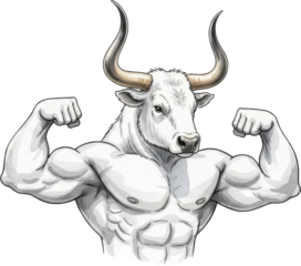 Muscular bull flexing muscles with strong horns isolated on transparent background