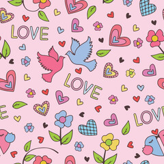 Love hearts and birds seamless pattern on pink background for Valentine's Day