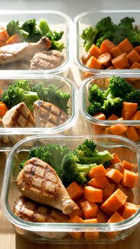 Preparing Healthy Meal Prep Containers With Chicken, Sweet Potatoes and Broccoli
