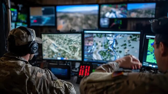 Dynamic medium shot showing operators controlling antidrone technology from a command center during a counterunmanned aerial system operation.