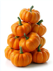 A stack of ripe orange round pumpkins on a white background as a symbol of autumn harvest season 