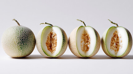 Four fresh ripe juicy melons - one is whole and others are cut and show the seeds inside on light grey background