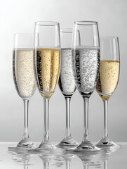 A set of champagne flute clear glasses full of different types of sparkling drinks ready to celebrate an event 