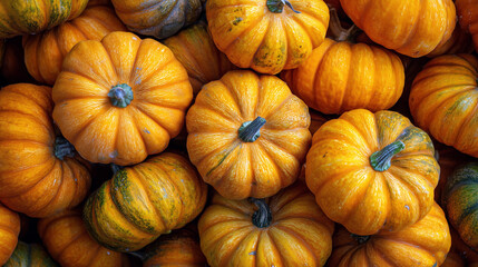 A pile of fresh ripe orange and green pumpkins background as a symbol of autumn and harvest time