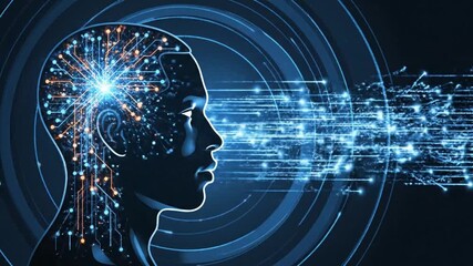 A futuristic video illustration of a human head with digital information flowing out of it. Science and technology Background Footage - Powered by Adobe