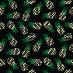 Tropical yellow pineapple fruit on black background vector seamless pattern