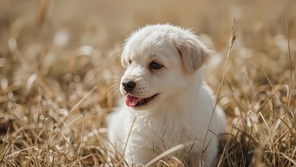 A cute white puppy in a field of dried grass.