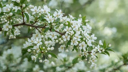 Obraz premium White flowers on a tree branch with green leaves, natural outdoor setting.