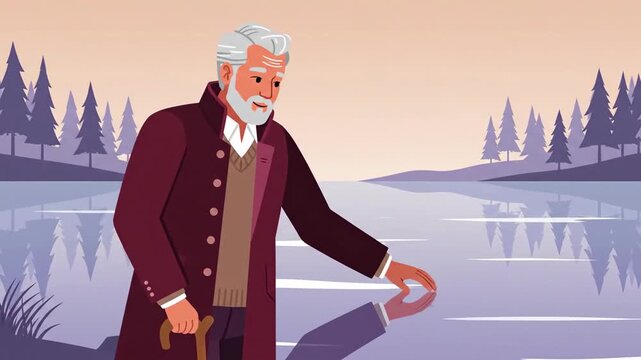 Elderly Gentleman's Peaceful Stone Skipping At Lakeside Scenic Animation Video