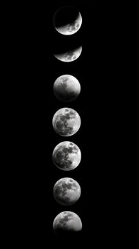 Various moon phases in a vertical sequence with crescent and full moon on a black background