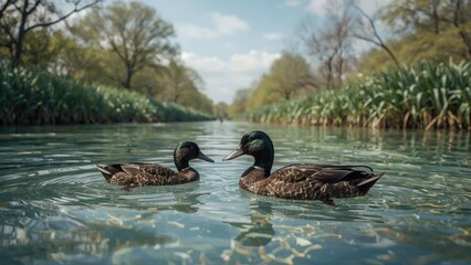 Two ducks floating on water in a natural setting with trees and greenery in the background.