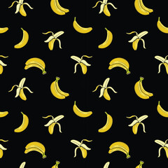 Tropical yellow banana fruit on black background vector seamless pattern design