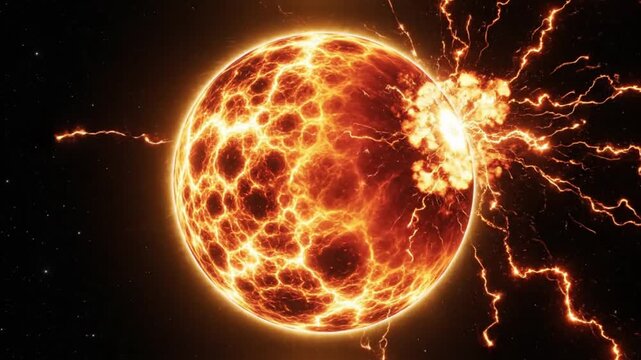 A video of a large, fiery celestial body exploding in space with bright light Science and technology Background Footage