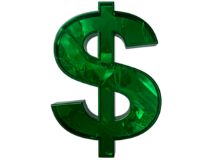  Floating Emerald Dollar Sign with Faceted Gem Texture, Tilted Top-Down View, Black Shadow, Isolated