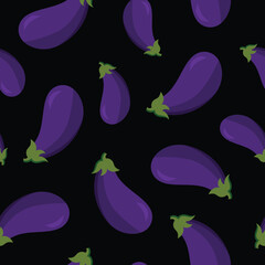 Seamless pattern with purple eggplant vegetables on black organic food background