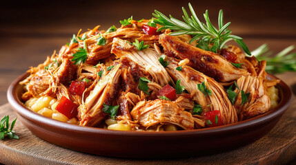 Shredded cooked chicken isolated on a plate