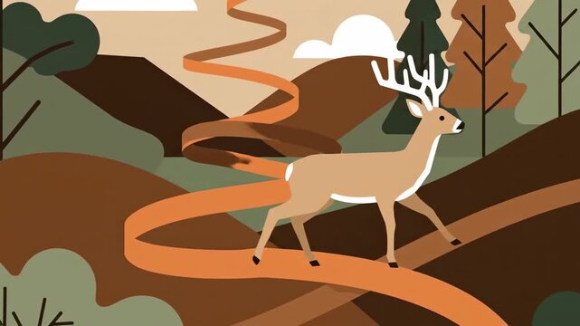 Elegant Deer Roaming Through Woodland Landscape Seamless Loop With Ribbon Style Path