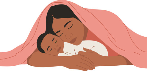 Loving mother embracing her baby under cozy pink blanket