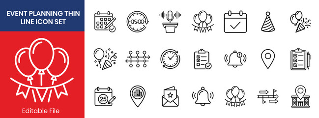 Event Planning Thin Line Icon Set Black Outline