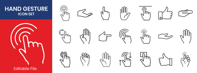 Hand Gesture Thin Line Icon Set Black Outline