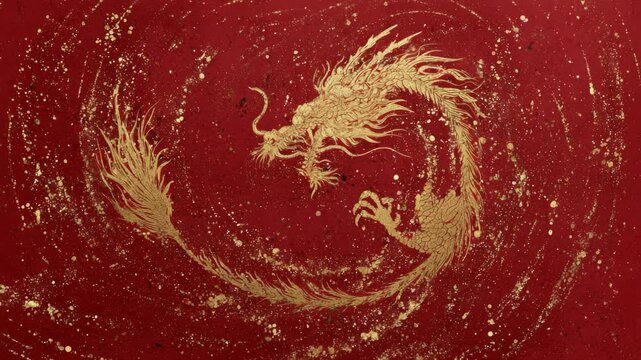 Golden dragon on red background: majestic mythical creature in circular motion