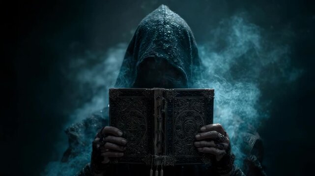 Mysterious hooded figure reading ancient book in smoky darkness