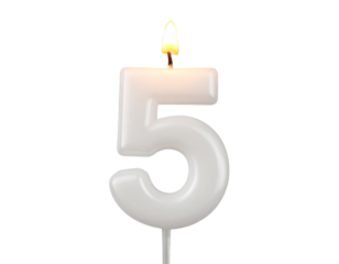 Minimal Birthday Candle Number 5 with Soft Flame Halo, Diagonal Perspective, Isolated