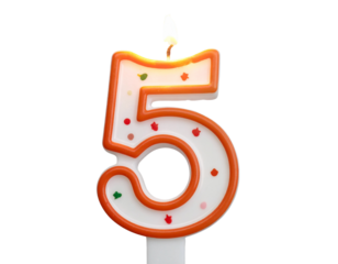 Lit Number Five Candle with Flickering Flame and Wax Drips, Close Side Angle, Isolated