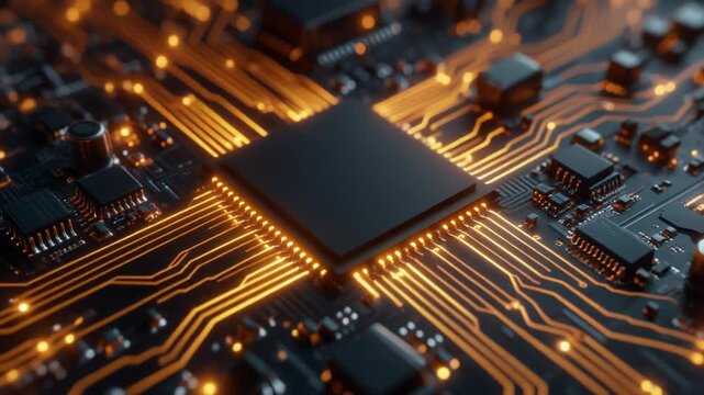 Macro view of a complex electronic circuit board with glowing orange lines and a central processor electronics