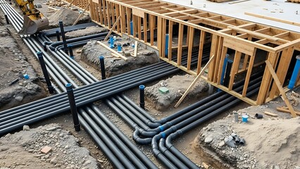Underground plumbing system pipes installation for building construction site