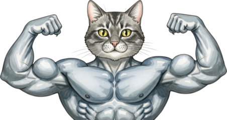 Muscular cat flexing its muscles isolated on transparent background