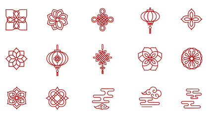 Set of Traditional Chinese Lanterns and Floral Symbols
