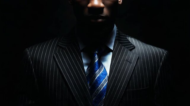 Mysterious african male in pinstripe suit and blue tie against dark background