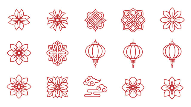 Set of Chinese Lanterns and Flower Symbols