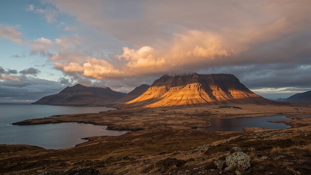 Landscape view of mountain and lake at sunset with clouds and dramatic lighting. Nature and scenery, landscape photography. The scene of wilderness and tranquility. - Powered by Adobe